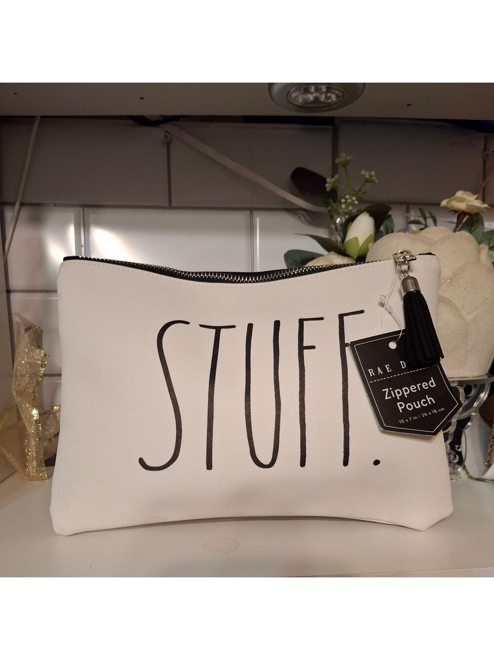 Rae Dunn Stuff White Zippered Pouch NWT 9.5X7